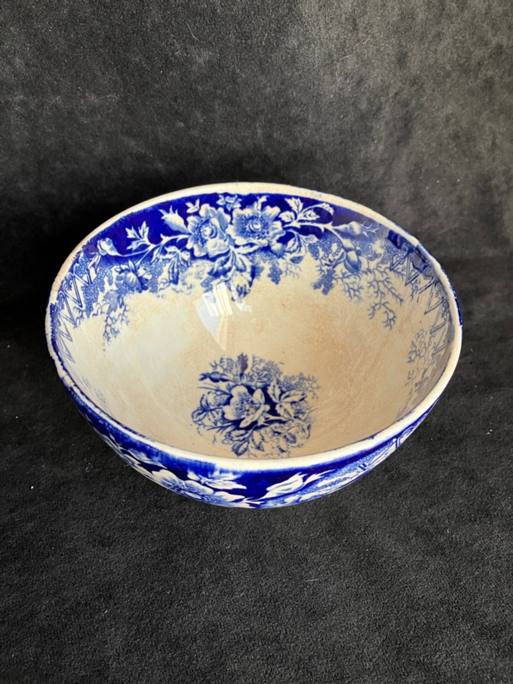 Antique blue floral transferware ironstone soup bowl Royal Bonn 19th century